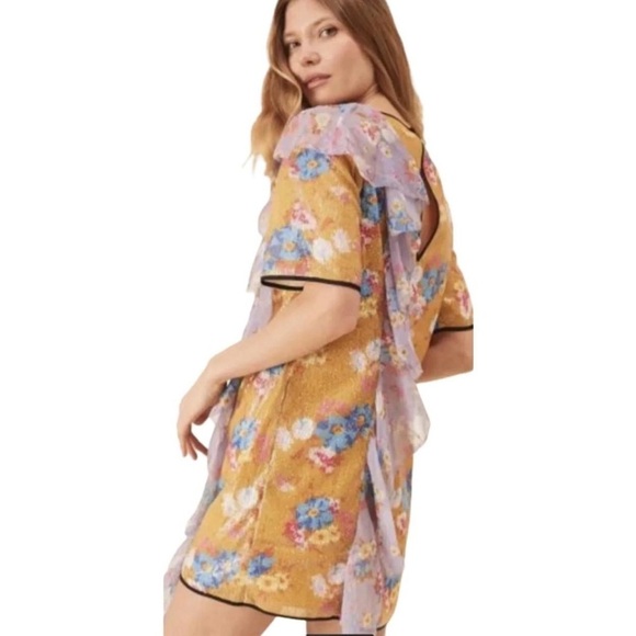 Manoush Floral Burst Sequin Dress EU 38 UK 10 US 6 Yellow Ruffle Tee Shift NWT - Picture 3 of 12